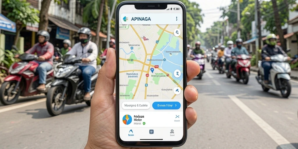 Antarmuka aplikasi APINAGA menunjang fungsi Navigasi Motor dengan jelas.