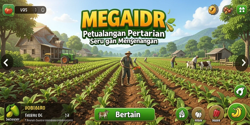 Tampilan antarmuka utama game MEGAIDR dengan ladang yang subur dan aktivitas bertani.